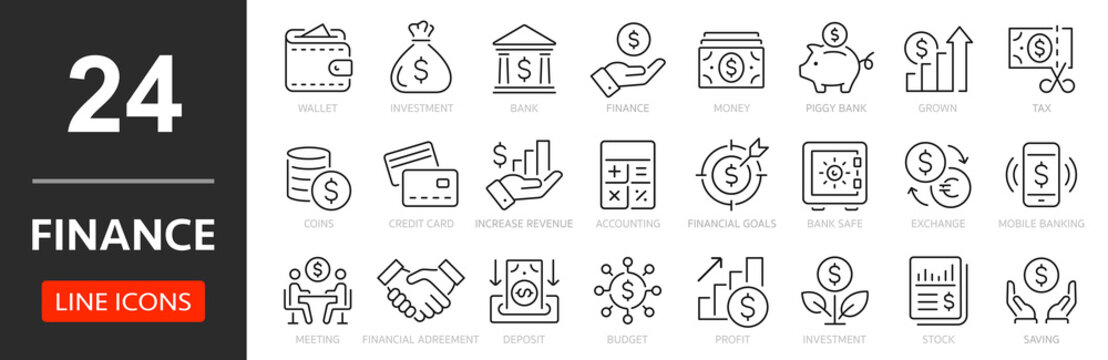 Finance thin line icon set. Saving, increasing and spending finances. Payments elements, budget, loan, bank, deposit, money, profit, piggy bank - stock vector.