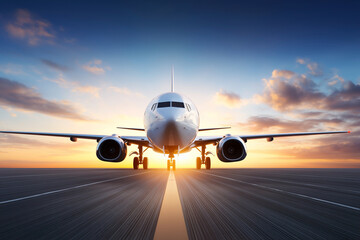 Passenger airplane on runway front view with dramatic sunrise sky symbolizing global travel and aviation