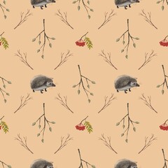 Seamless watercolor hedgehog pattern with branches and berries on cream background
