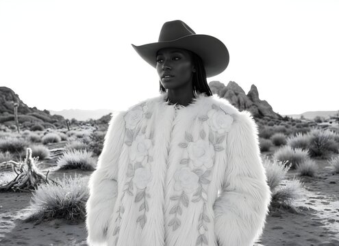 Cowgirl in the Wilderness: A stylish figure in a cowboy hat and floral coat, embodying the spirit of the American West, stands confidently amidst the dramatic desert landscape.