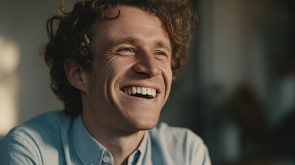 A happy man with a wide smile, showing genuine joy and happiness in a close-up portrait.