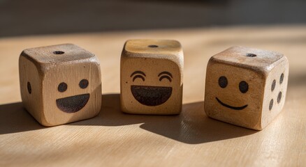 Three wooden dice with happy faces (1)