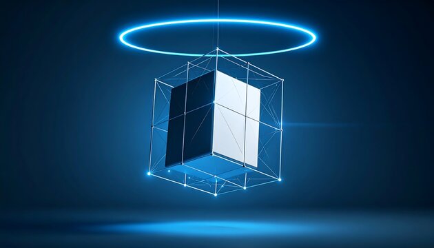 Abstract Floating Cube with Glowing Ring and Neon Light Effect