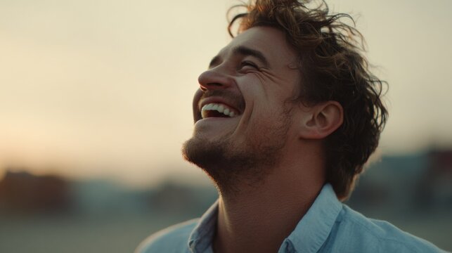 A man laughs joyfully, bathed in the warm glow of the setting sun, outdoors. - Powered by Adobe