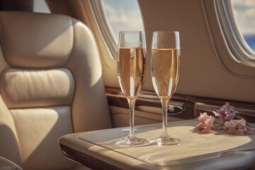 Champagne flutes on an airplane tray table