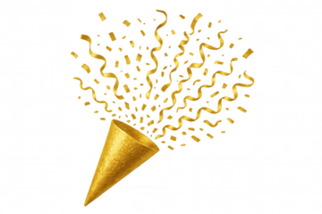 Festive golden party popper bursting with colorful confetti and streamers, marking joyful celebration moment