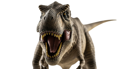 Tyrannosaurus Rex : A fearsome Tyrannosaurus Rex dominates the frame, its jaws agape in a display of raw power. The detailed texture of its skin and sharp teeth are evident.