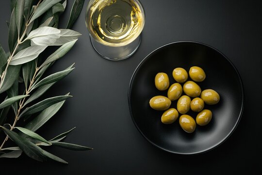 A Glass of Wine and Olives on a Textured Background