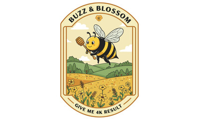 A cute cartoon honeybee is flying happily near a yellow flower, with a small jar of honey nearby