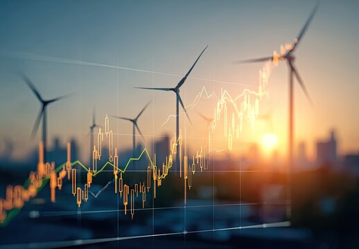 Wind turbines, cityscape, and stock charts overlayed - Powered by Adobe