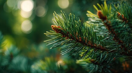Close-up of a vibrant green pine branch with new growth, sunlit, bokeh background