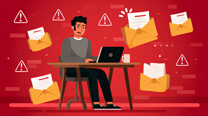 Spoofed emails and phishing scams with malicious attachments. Email and warning icons with exclamation marks. Man using laptop computer to check and respond to emails. Stock Illustration