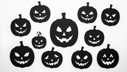 The image showcases an array of black shapes with cutout faces that evoke a sense of fright
