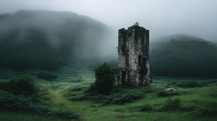 Naklejka premium Stone Ruin Tower in Misty Green Landscape
