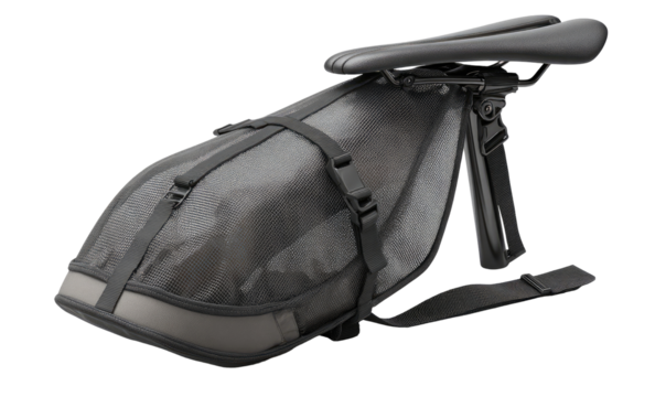Rear bicycle pack, dark gray, mesh panels, straps, and mounts