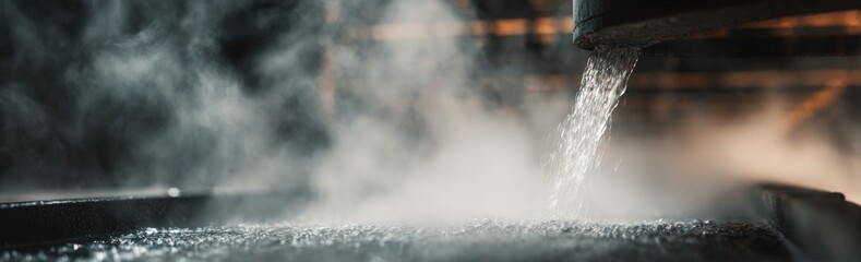 Obraz premium Hot water pouring onto a surface, steam rising