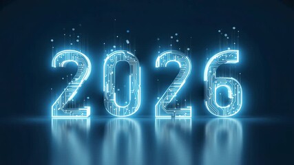 New Year 2026. Glowing neon numbers 2026 with digital circuit effect and reflection on dark background. - Powered by Adobe