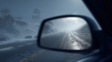Car Mirror View of Snowy Road with Approaching Vehicle in Foggy Winter Landscape