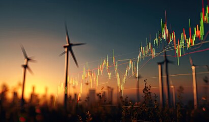 Wind turbines and stock charts at sunrise