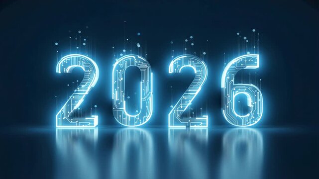 New Year 2026. Glowing neon numbers 2026 with digital circuit effect and reflection on dark background.