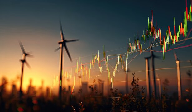 Wind turbines and stock charts at sunrise - Powered by Adobe