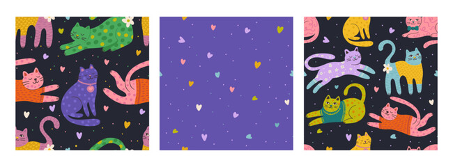 Whimsical Cat Cute Doodle Vector Seamless Pattern Set With Colorful Heart Kids Purple Background