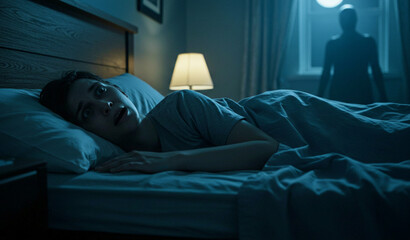 恐怖体験-深夜のベッドで身震いする女性と窓際の不審な人影