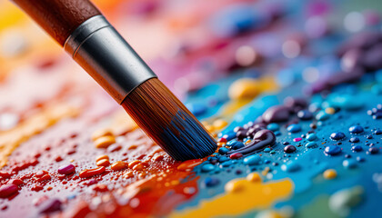 Obraz premium Close-up of watercolor paintbrush on vibrant artistic color palette