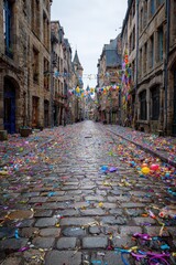 Fototapeta premium Celebration Aftermath: Cobblestone Street Covered in Colorful Confetti and Balloons in Dinan, France