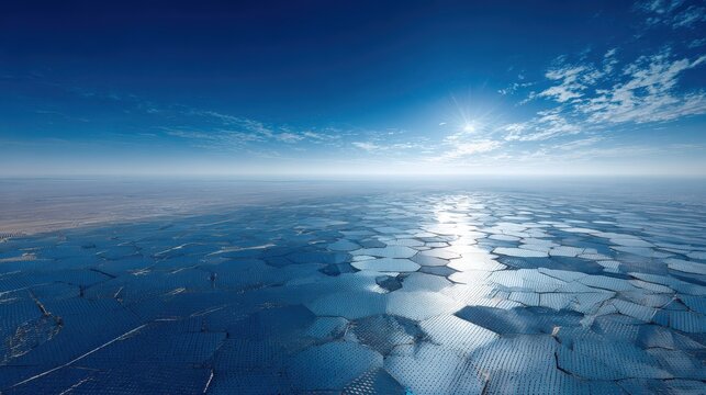 Solar Power Plant in Desert Landscape Under Blue Sky with Sun Reflection