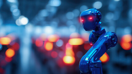 A robotic arm stands in a factory setting, with blurred red lights in the background, showcasing the integration of technology in modern manufacturing.