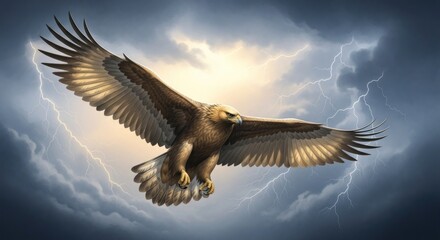 Obraz premium Majestic Golden Eagle Soaring Through Stormy Skies with Lightning Flashes