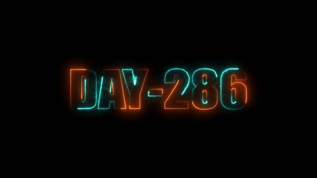 Neon text day-286 animation on black background.calender, text,number, days, date, countdown neon text concept.