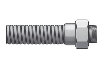 Steel corrugated hose with threaded male end and hex nut fitting on transparent background for corrugated hose connections