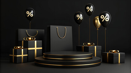 A sleek and luxurious 3D rendered studio scene with a black and gold podium display background