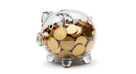 Glass piggy bank filled with golden coins on white background