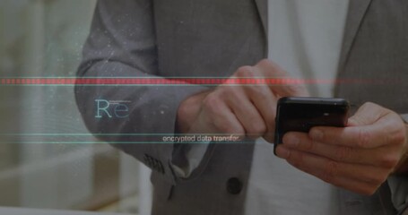 Mature man tapping smartphone screen and viewing encrypted data transfer progress in tech office - Powered by Adobe