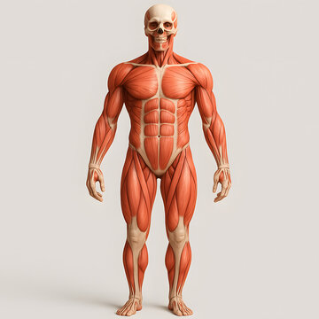 Human muscular system full body anatomy illustration, male figure with muscles exposed medical educational science concept, anatomical structure design for biology healthcare study skeletal and muscul