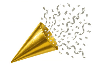 Golden party popper exploding with silver confetti on transparent background, perfect for festive celebrations and joyful events