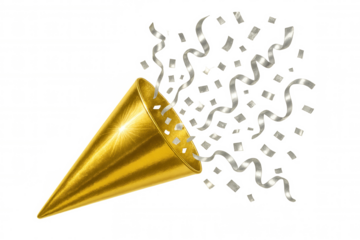 Golden party popper exploding with silver confetti on transparent background, perfect for festive celebrations and joyful events