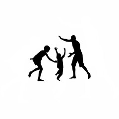 Silhouette of volunteers playing with street children isolated on white background