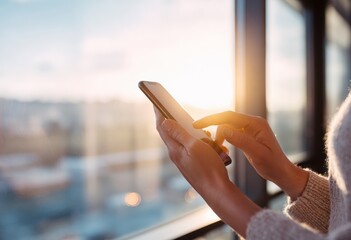 Hands using a phone by a window