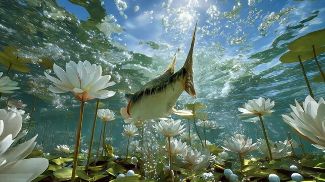 Largemouth bass swimming in a pond with water lilies