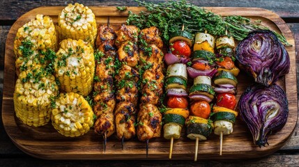 Grilled Skewers with Corn and Vegetables on Wooden Board, Top View