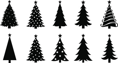 Christmas tree silhouette collection, holiday vector icons, black Christmas trees, festive decoration design, winter celebration, pine tree graphics, illustration set