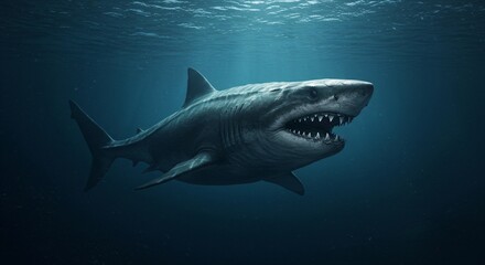 Fototapeta premium A large shark with its mouth open swimming under dark water. Marine predator in its natural habitat for wild animal nature.