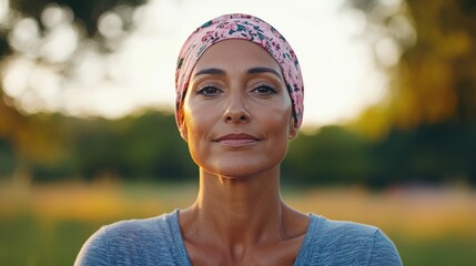 Portrait of smiling woman wearing head wrap and fitness clothing