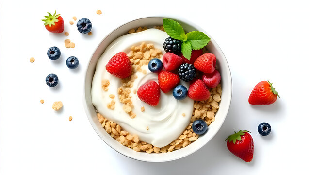 Top view of healthy breakfast bowl with granola, yogurt, and fresh berries on white background