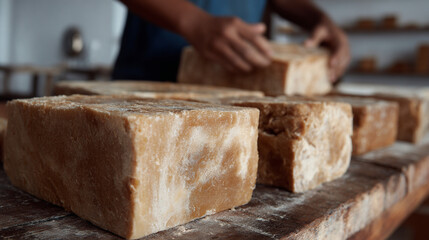 Freshly cut brown sugar blocks.
