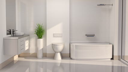 Contemporary sunlit bathroom design with countertop, white ceramic sink, rectangular mirror, decorative flower planter, toilet and bathtub. 3d illustration
